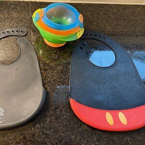 Two Mickey Mouse Black and Red Silicone Bibs with Food Catcher + Kids Bowls